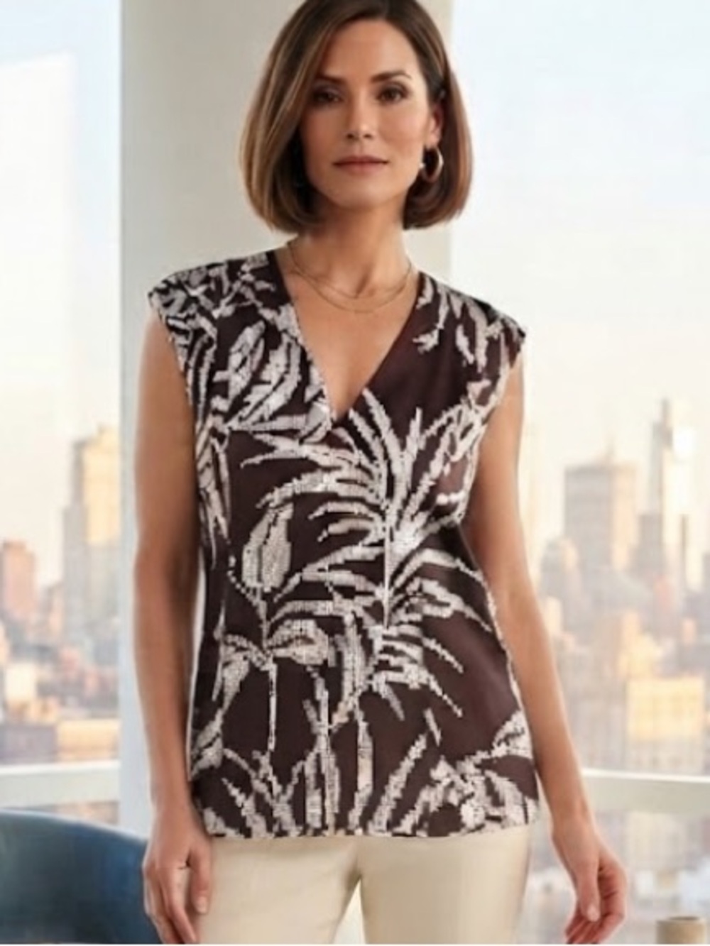 New Donna  Karan Braun and White Printed V-Neck Blouse size S